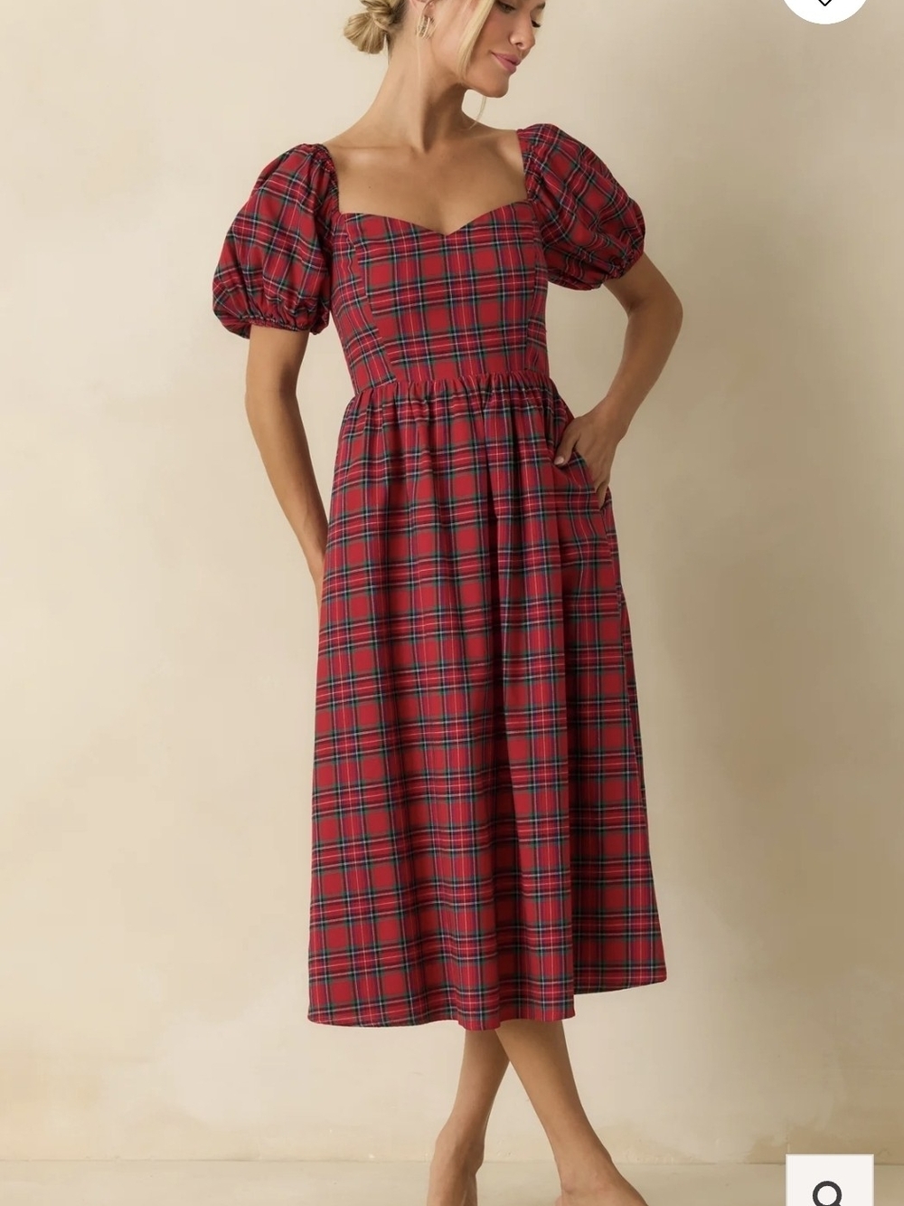 Sugarlips Red Plaid Puff-Sleeve Midi Dress